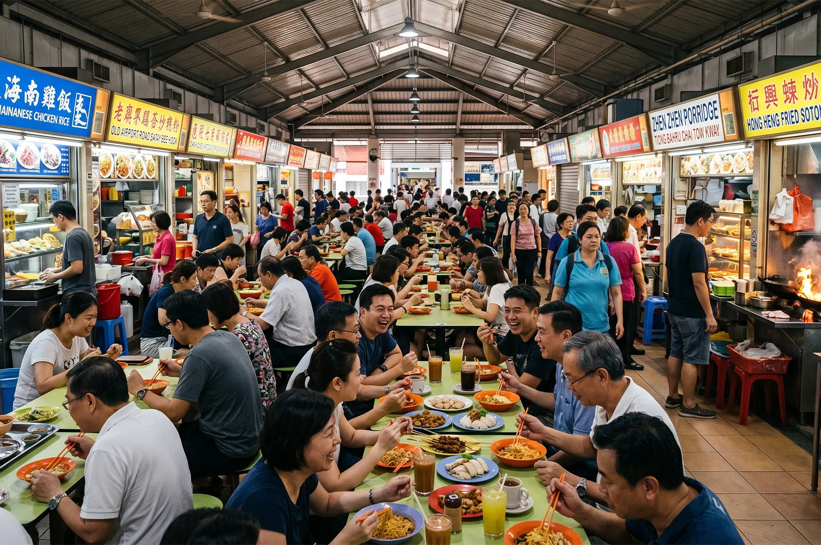 Crowded Singapore hawker centre with people dining at tables and food stalls serving local dishes like Hainanese chicken rice, porridge, and fried sotong.