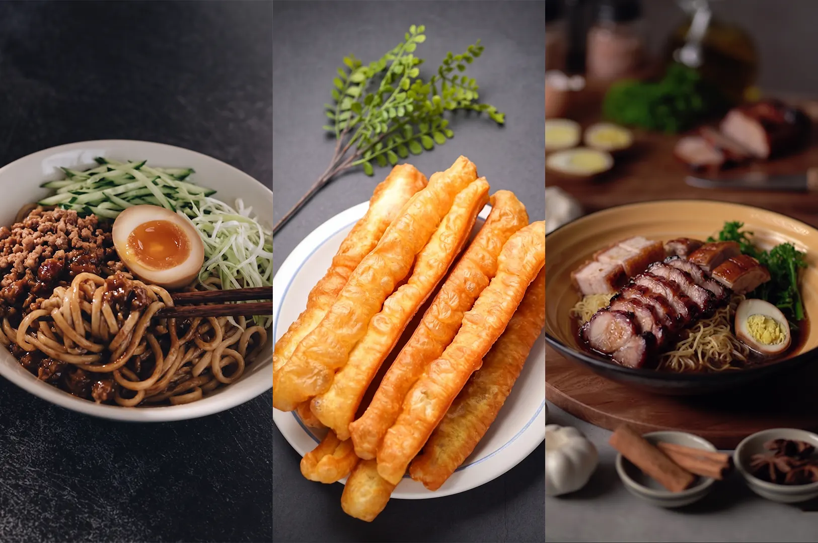 Collage of Singaporean hawker food: Minced Pork Noodle with egg, golden Fried Dough You Tiao, and Char Siew Noodles with roasted meats.