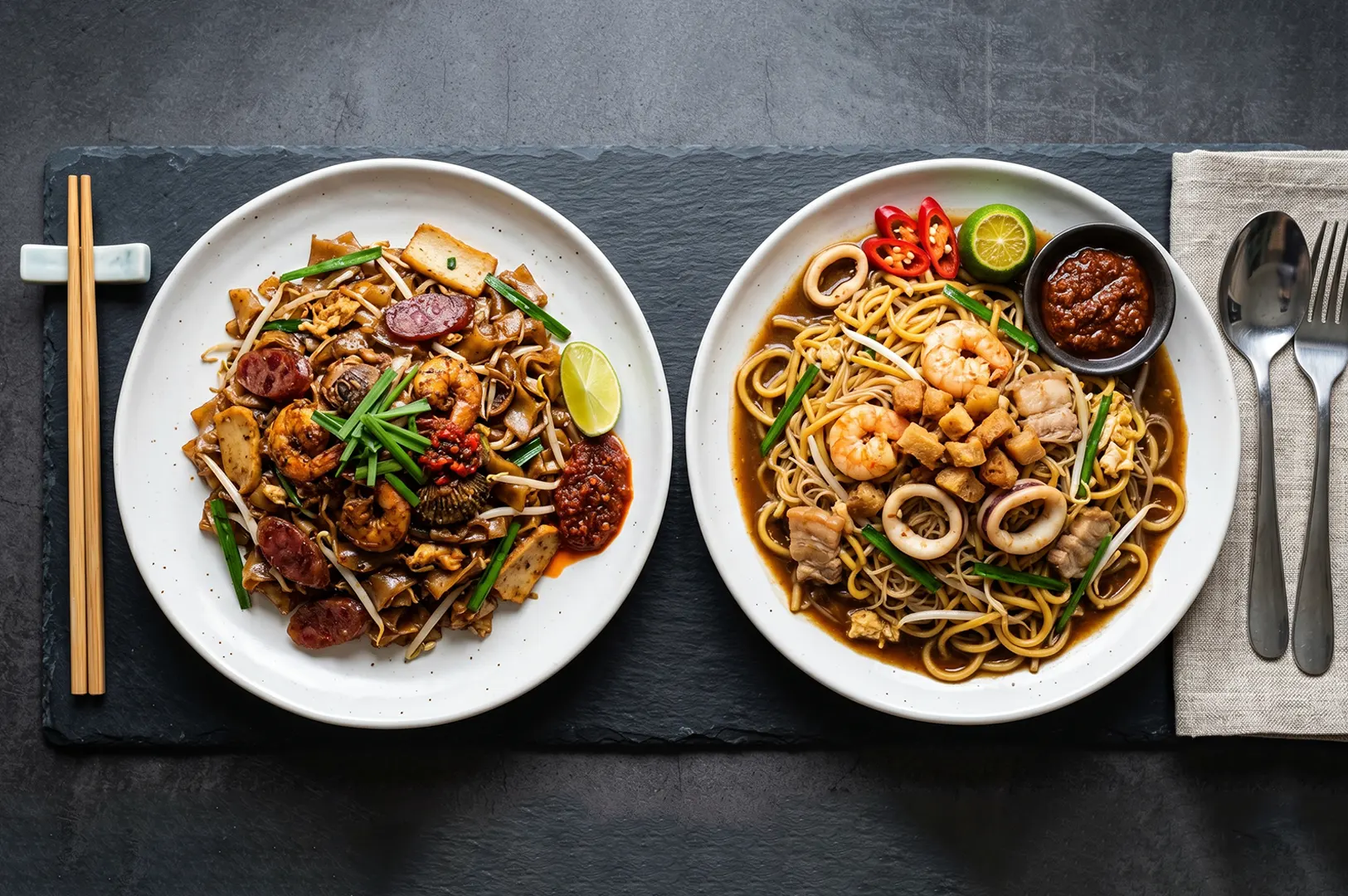 Two popular Singaporean noodle dishes side by side: Char Kway Teow on the left and Hokkien Mee on the right, served with lime and sambal chili.
