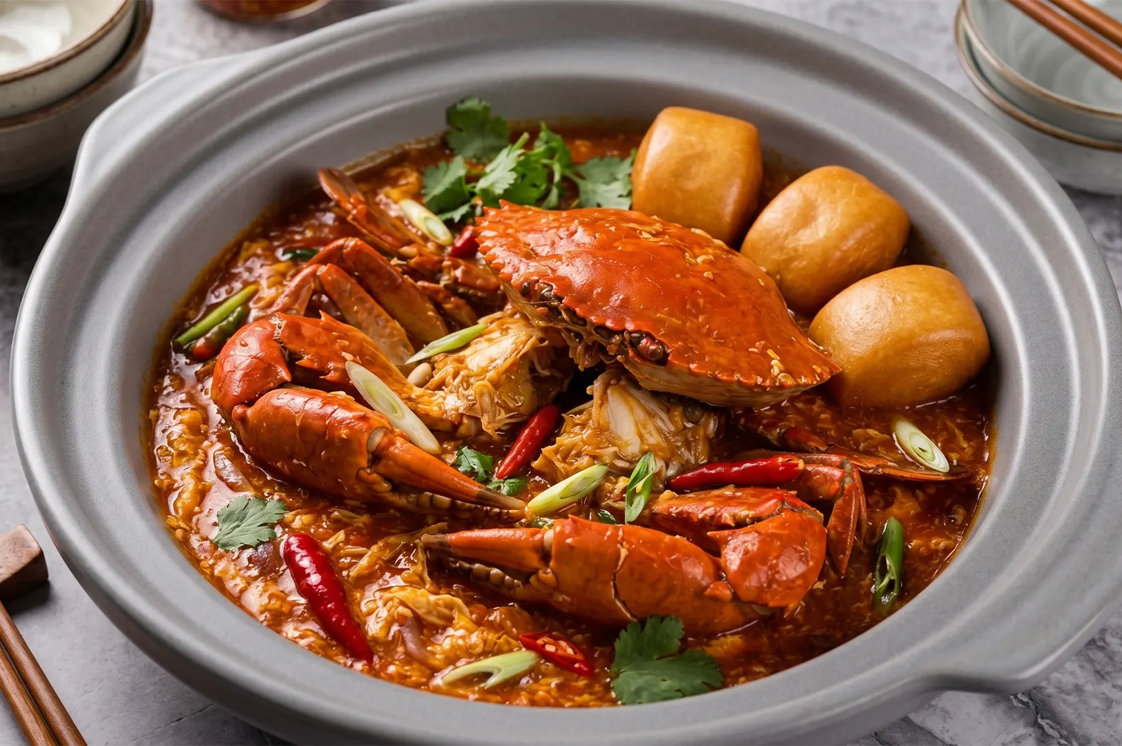 Singapore chili crab in a savory tomato and egg gravy served in a claypot with fried mantou buns.