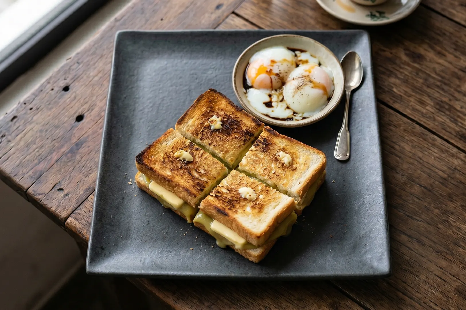 Traditional Singaporean breakfast of toasted kaya toast with slices of cold butter, served alongside soft-boiled eggs with dark soy sauce and white pepper.