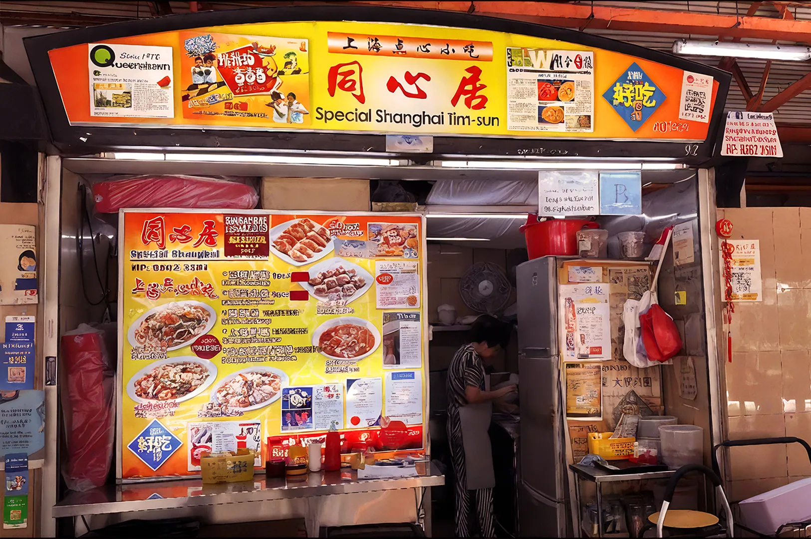 A vibrant food stall with a bright yellow and red sign reading "Special Shanghai Tim-sum." A woman prepares food inside. Various dishes are displayed.