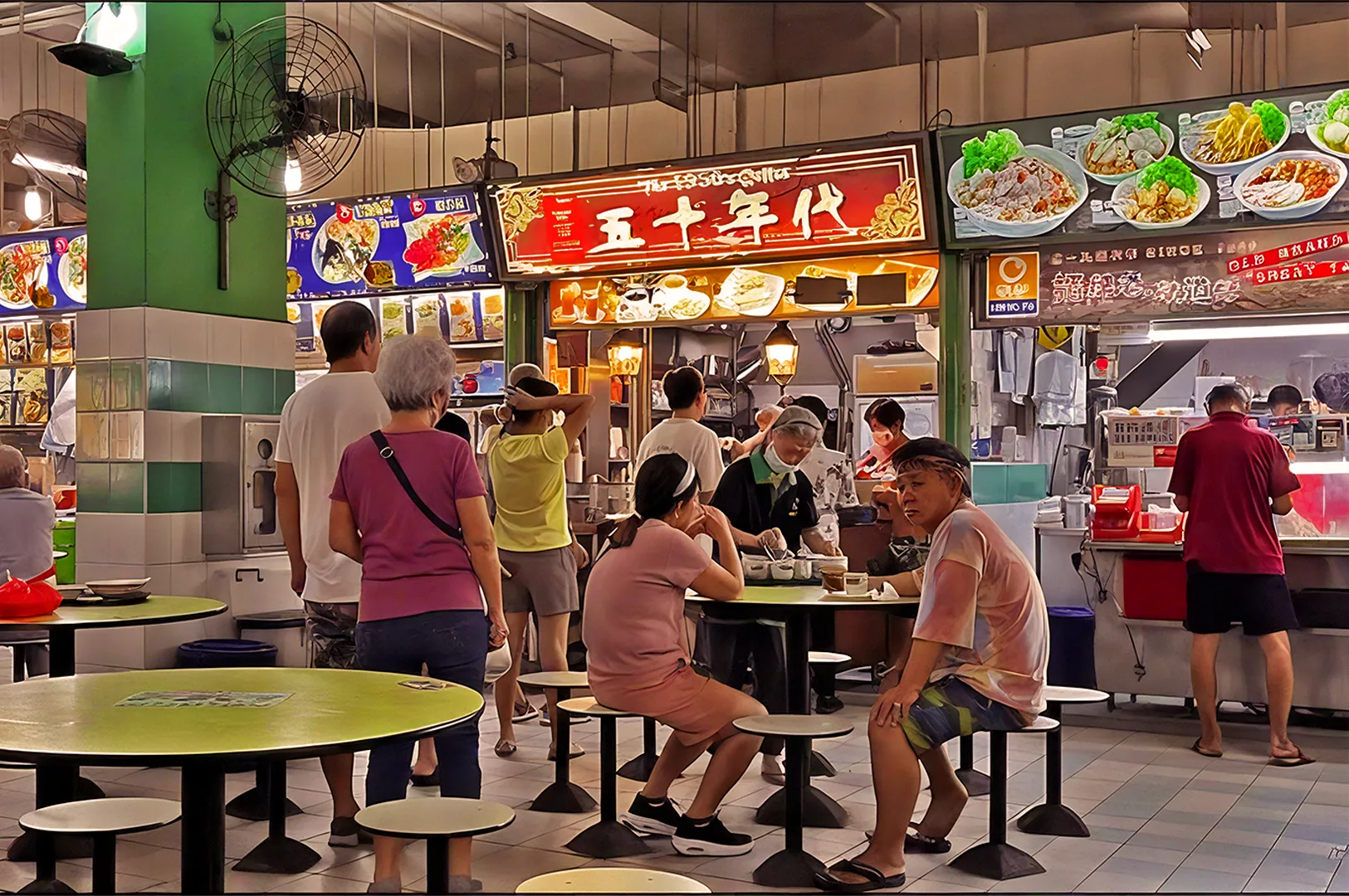 A bustling food court with people dining at round tables beneath colorful food stall signs displaying various dishes. The atmosphere is lively and social.