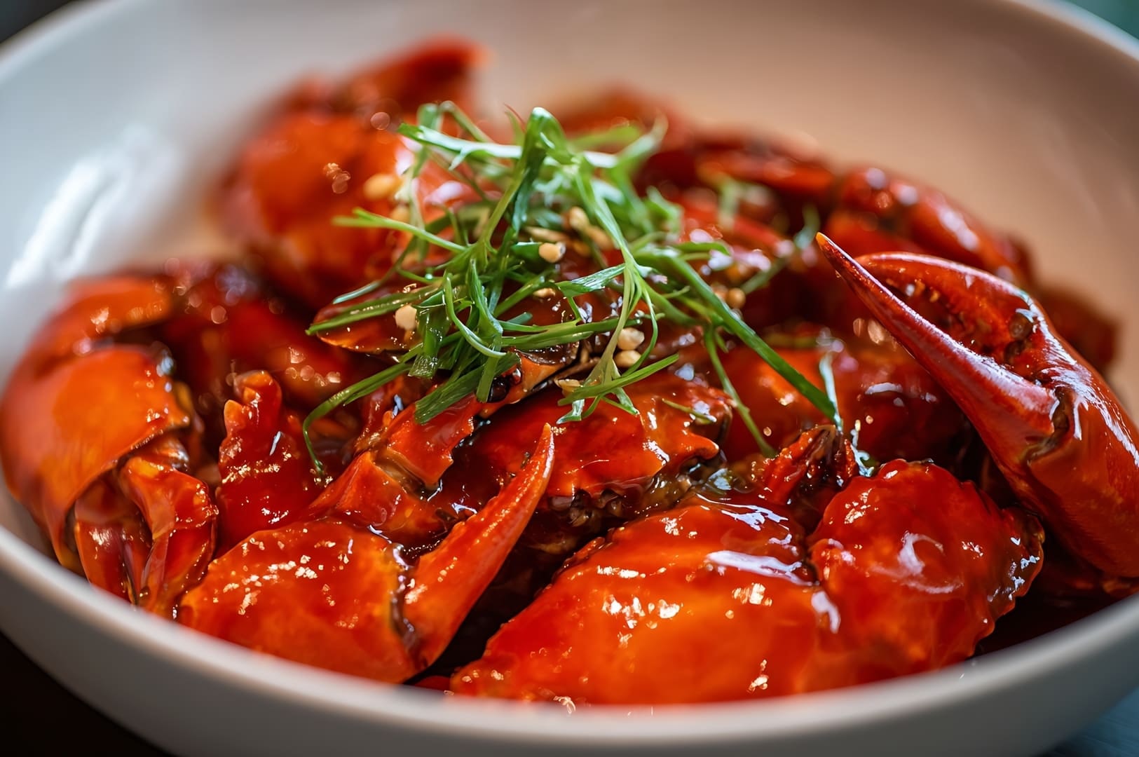 A vibrant dish of glistening orange chili crab is garnished with fresh green herbs in a white bowl, conveying a sense of delicious anticipation.