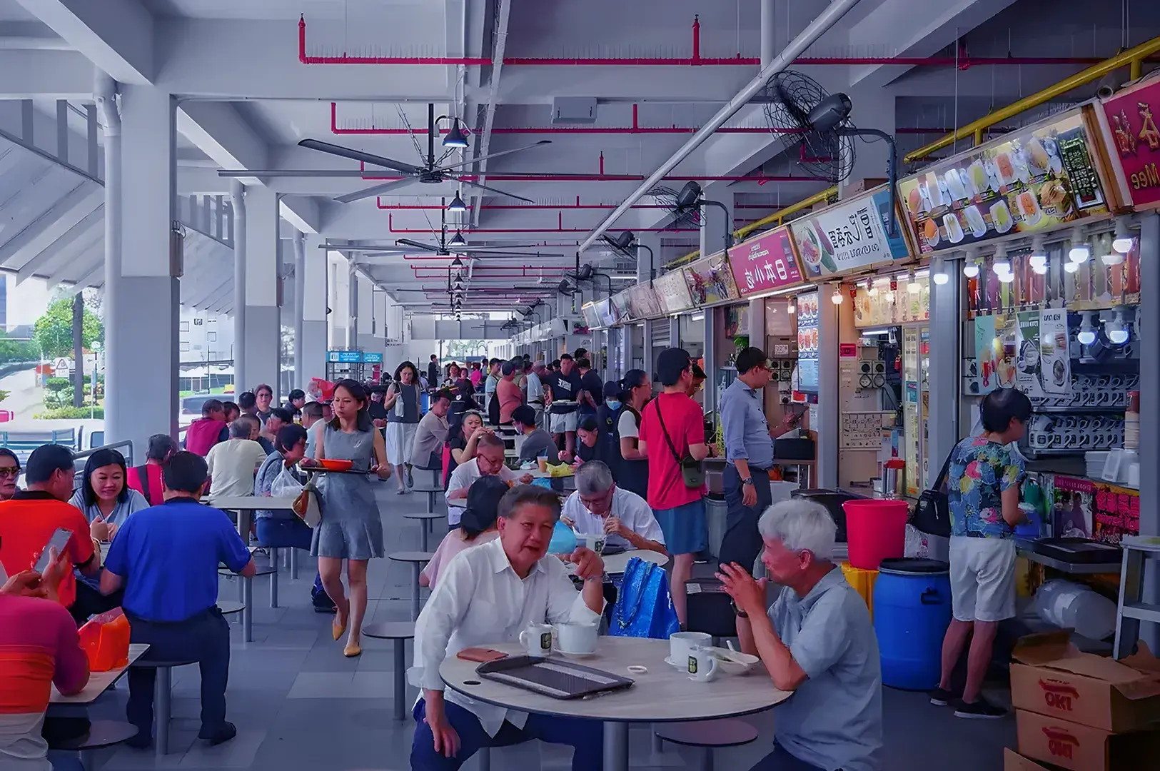 Diners gathered around a table, savoring a meal in the contemporary setting of Airport Road Food Centre.
