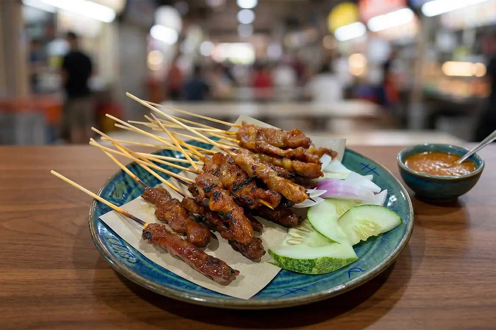 A plate of freshly grilled satay from TKR Satay, served with sliced cucumbers, onions, and a side of peanut sauce in a bustling hawker center.