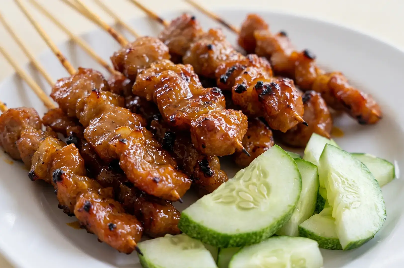 Grilled pork satay skewers with a glazed finish, served with fresh sliced cucumbers on a white plate.