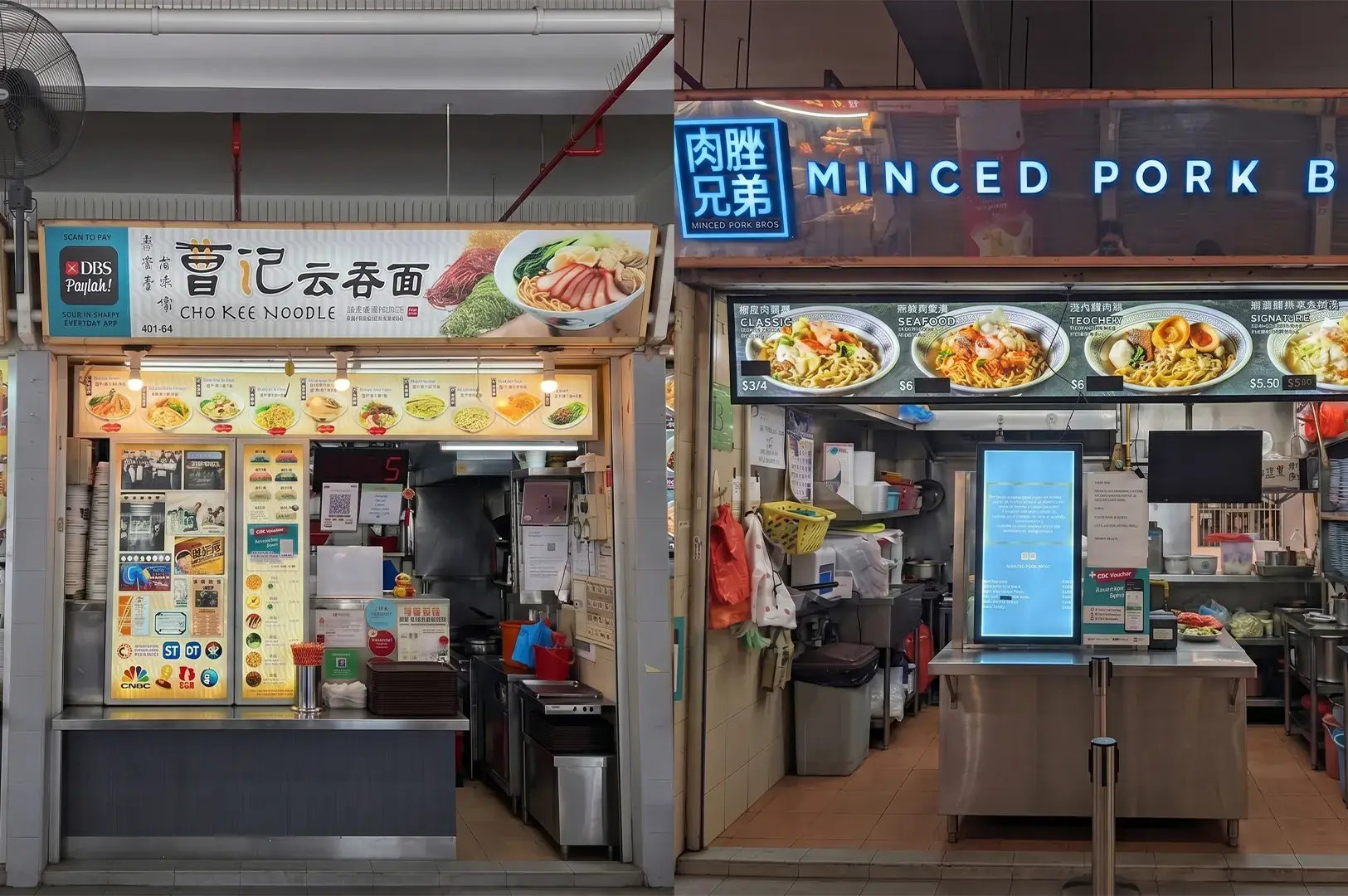 Two hawker stalls side-by-side: Cho Kee Noodle on the left with a traditional menu and awards, and Minced Pork Bros on the right with a neon sign and digital menu.