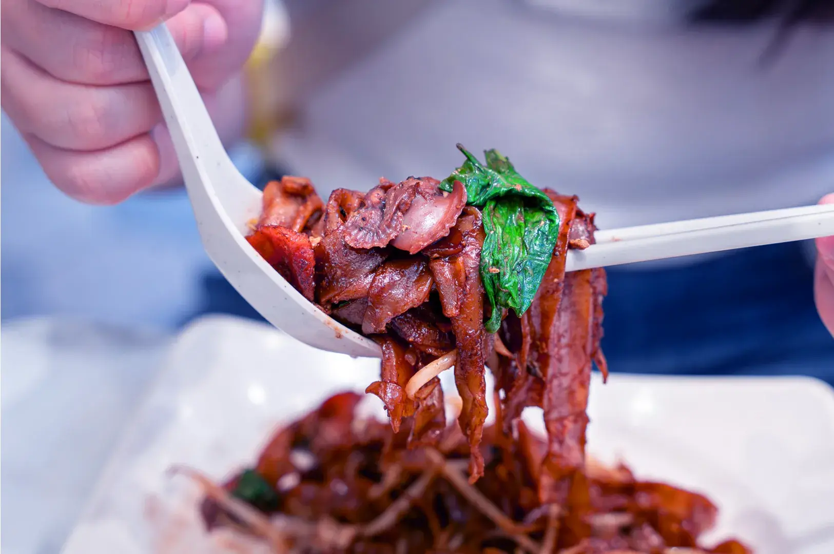 A close-up of chopsticks holding saucy noodles with slices of meat and spinach, over a white plate. The focus is on the savory, appetizing dish.