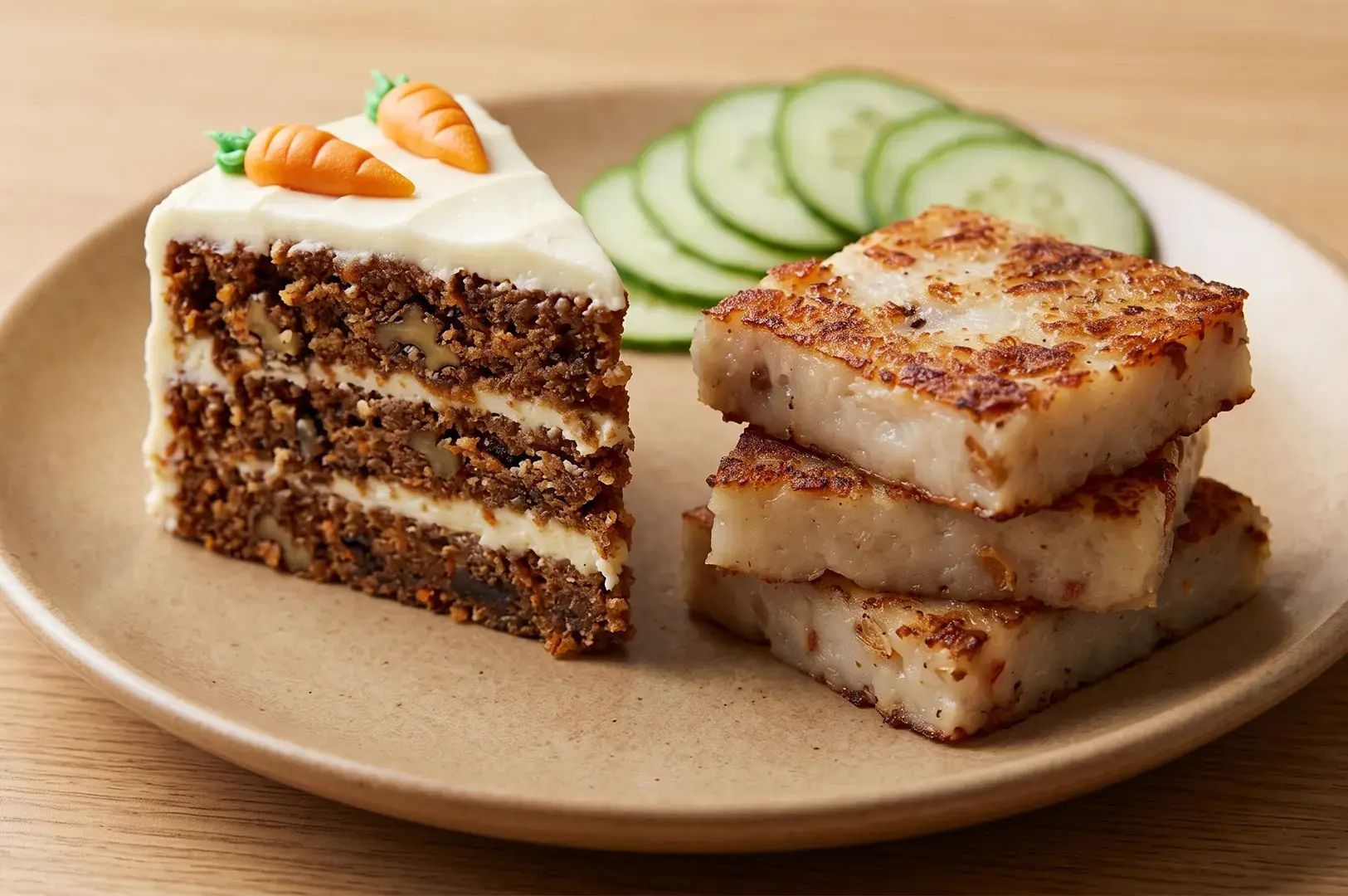Slice of frosted carrot cake and pan-fried radish cakes on a plate with cucumber slices.