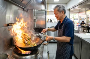 A professional chef stir-frying noodles with shrimp in a flaming wok at a busy commercial kitchen.