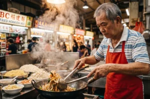 An elderly street food vendor cooking authentic Hokkien Mee in a large wok at a busy hawker center.