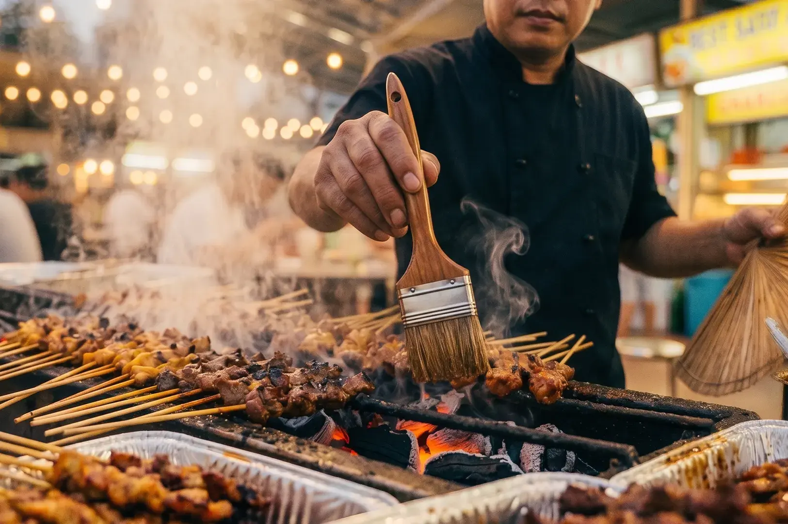 A street food vendor grilling rows of chicken and beef satay skewers over an open charcoal grill, brushing on peanut sauce glaze at a night market hawker center.