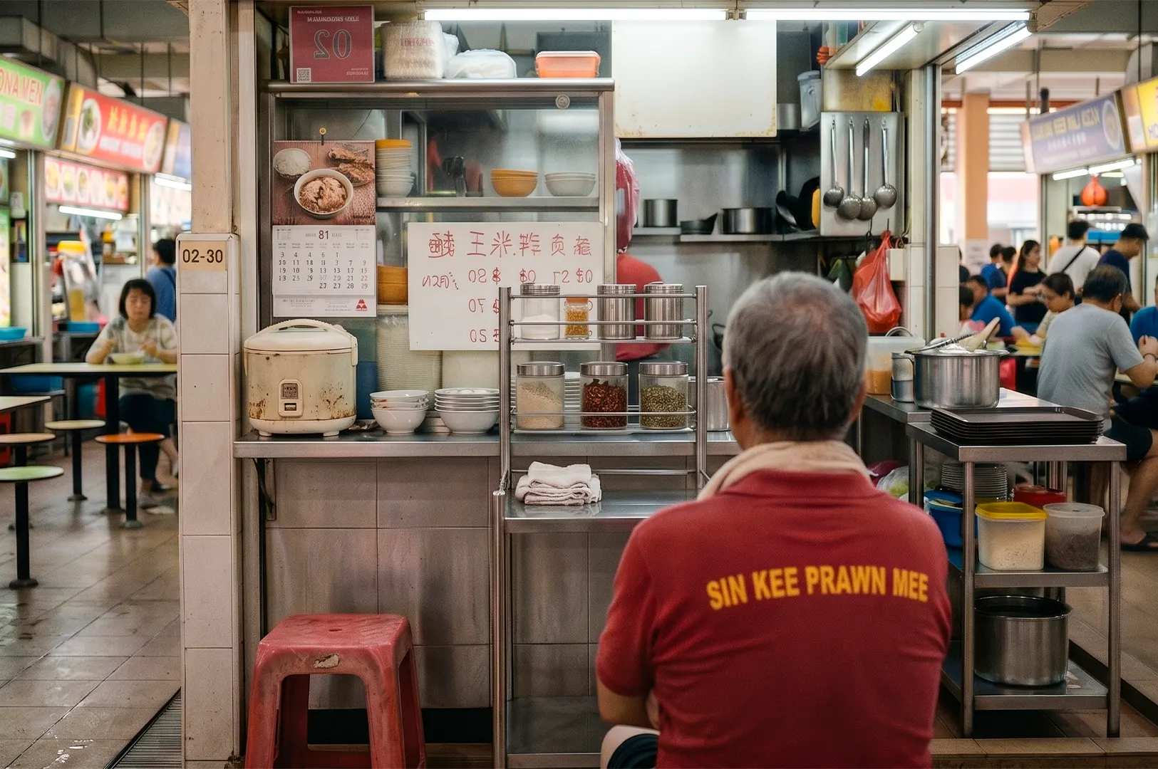 A man in a red shirt that reads "Sin Kee Prawn Mee" sits facing a food stall counter at a bustling Singaporean hawker center.