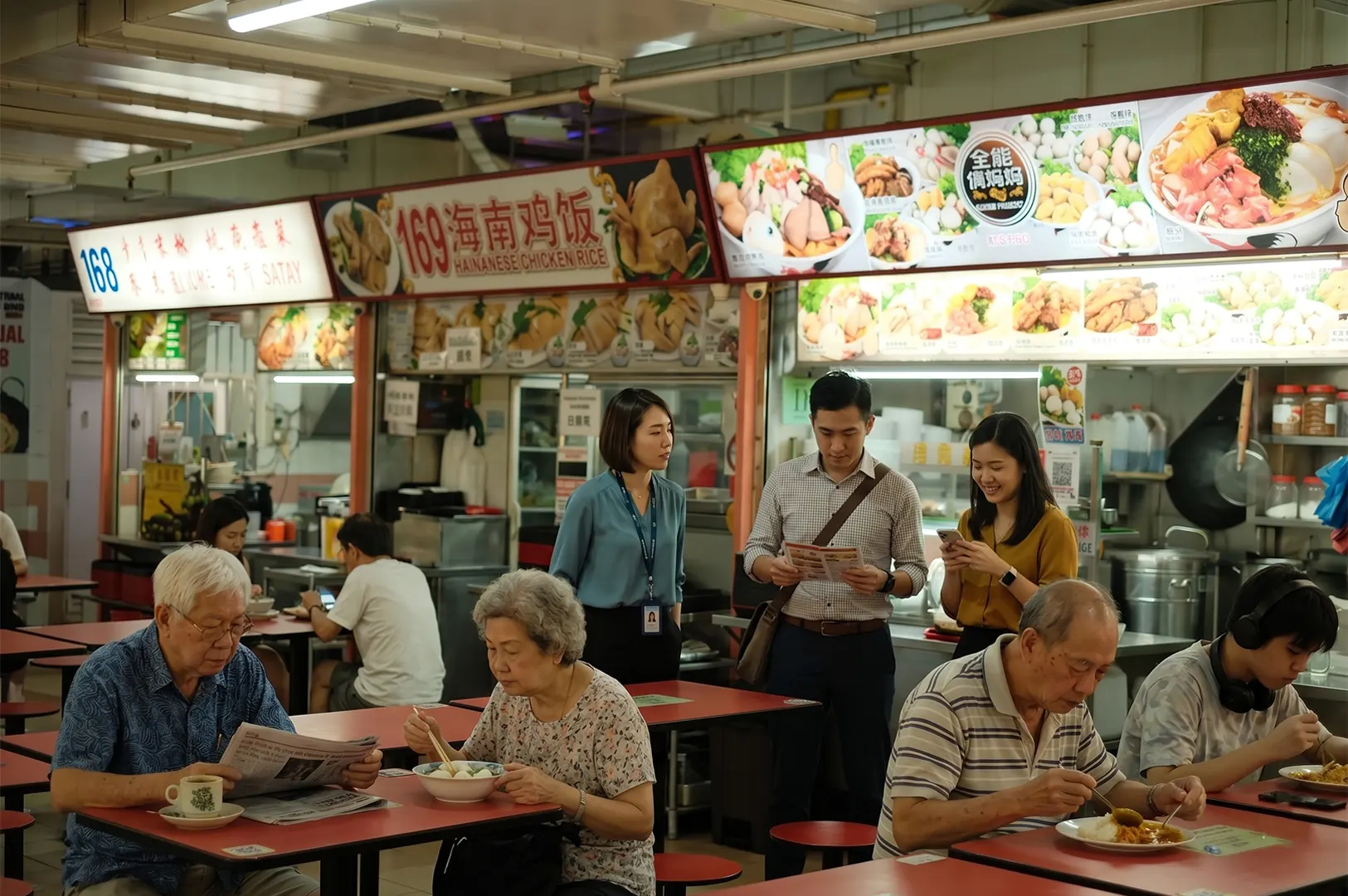 People dining at a busy Singaporean hawker center with stalls selling Hainanese chicken rice and satay.