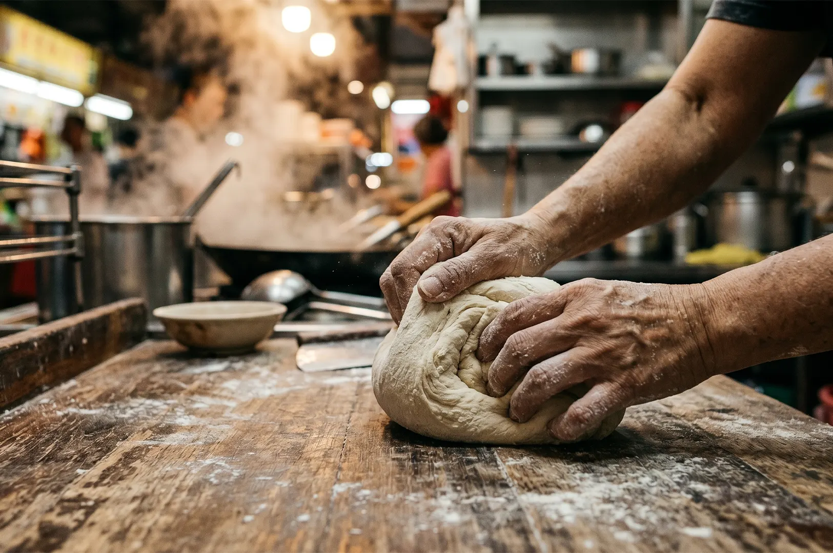 Close-up of a chef's hands kneading fresh dough on a floured wooden table in a traditional kitchen.