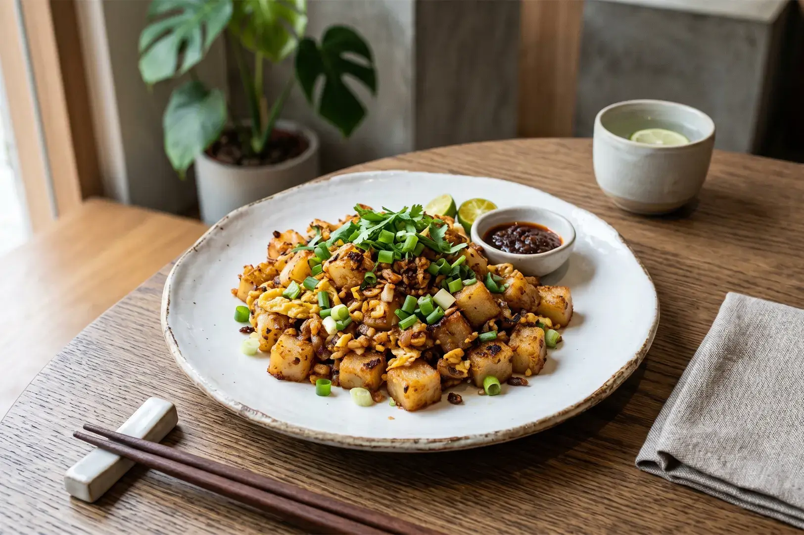 A plate of Singaporean fried carrot cake (Chai Tow Kway) stir-fried with egg and green onions, served with sambal chili paste on a wooden cafe table.