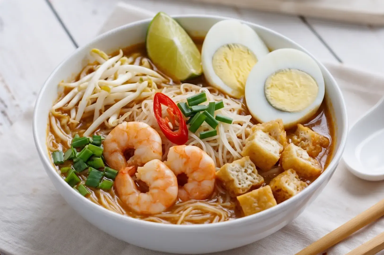 A bowl of spicy prawn laksa noodle soup with boiled eggs, tofu, and bean sprouts.