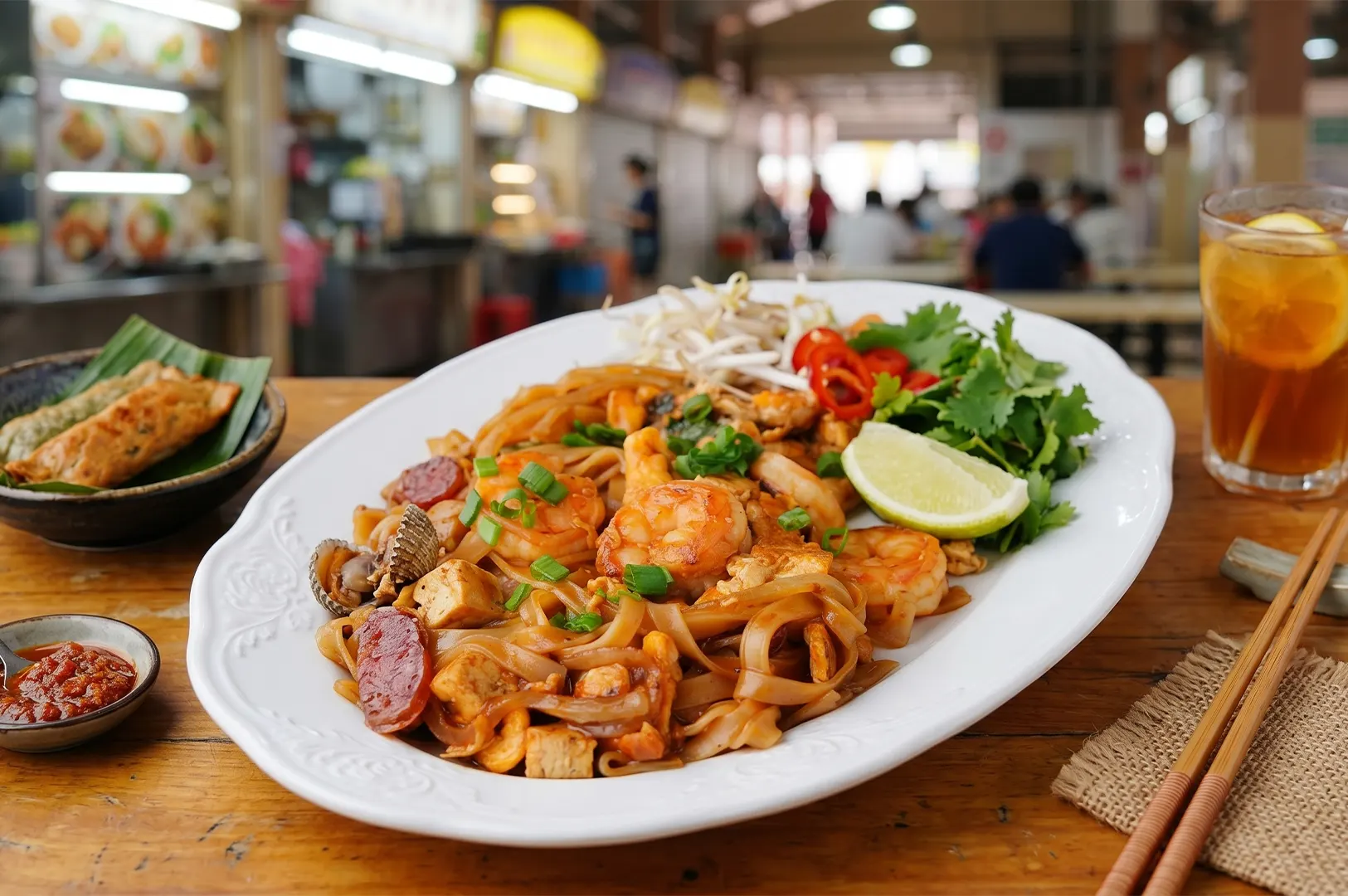 Plate of authentic Char Kway Teow with shrimp, cockles, and sausage, served with a lime wedge and bean sprouts in a busy Singaporean hawker center.