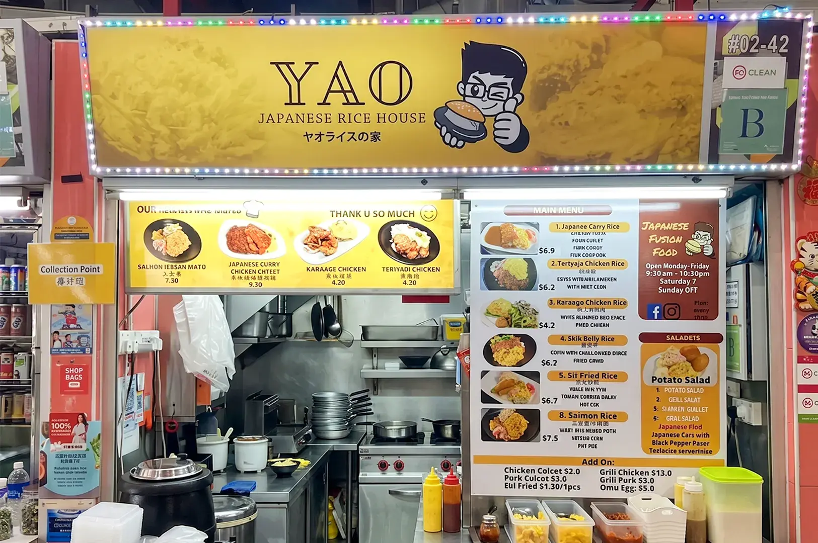 Yao Japanese Rice House hawker stall storefront with a yellow signboard, Japanese fusion food menu, and kitchen counter.