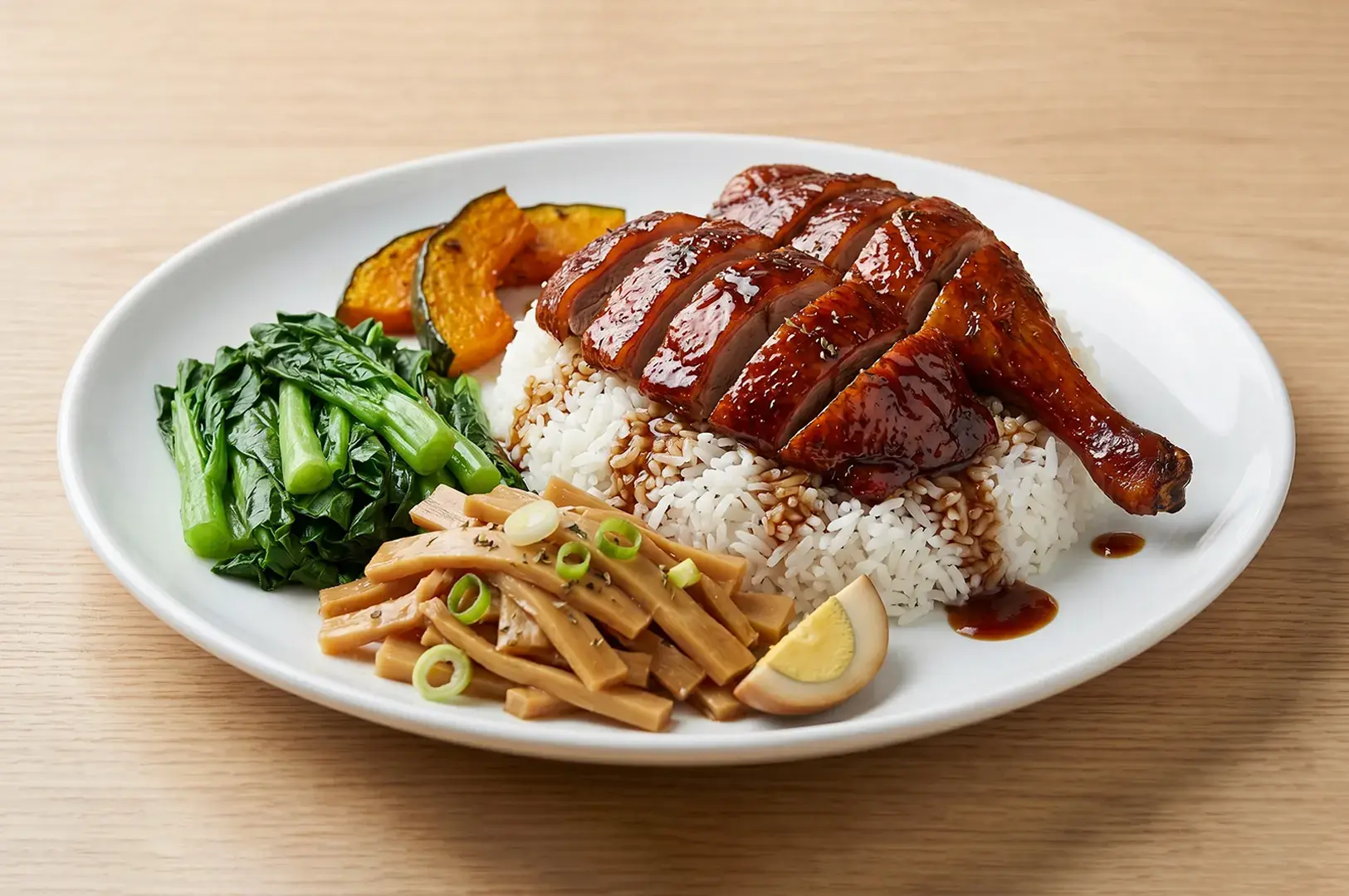 Roasted duck over white rice with bok choy, bamboo shoots, and a soft-boiled egg.