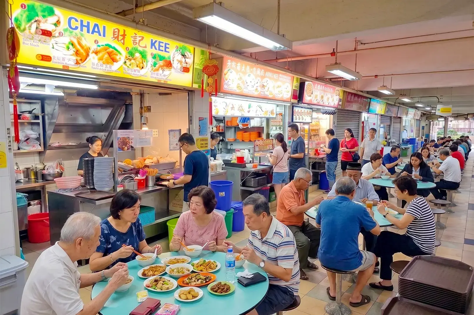 Chai Kee food stall inside the bustling Hong Lim Market & Food Centre hawker center in Singapore, with diners eating at round tables.