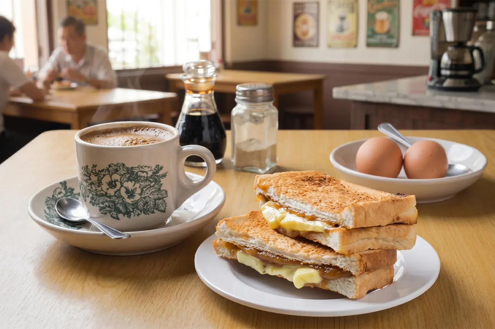 Traditional Singaporean breakfast with Kaya toast, soft-boiled eggs, and a cup of Nanyang kopi in a vintage cafe.