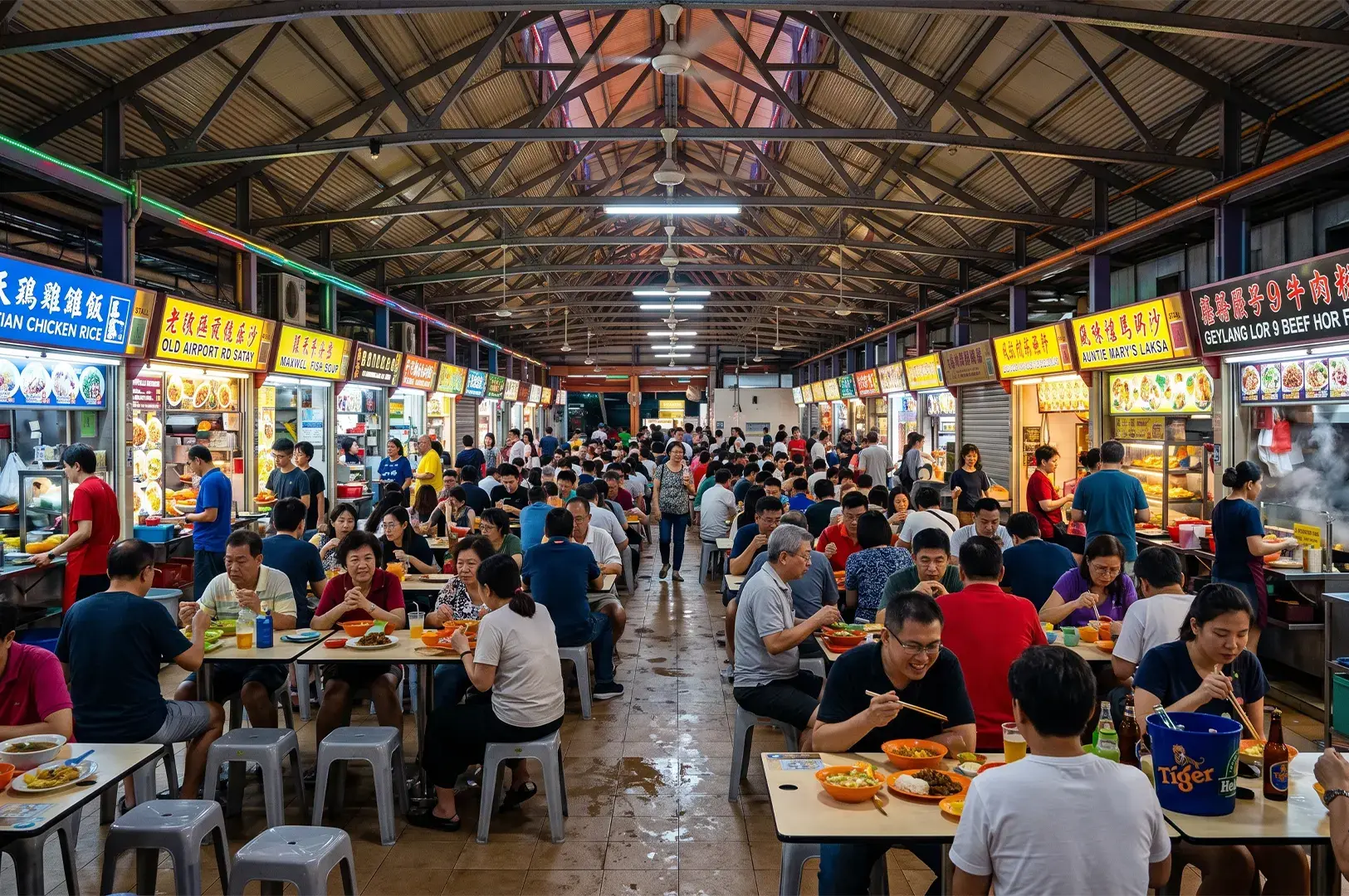 Crowded hawker center in Singapore with food stalls like Old Airport Road Satay and Auntie Mary's Laksa under a high industrial ceiling.