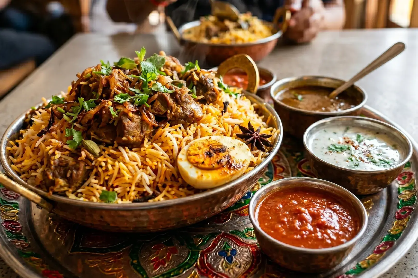 Mutton biryani platter with a boiled egg served in a metal bowl alongside raita, dal, and spicy chutney sauce.