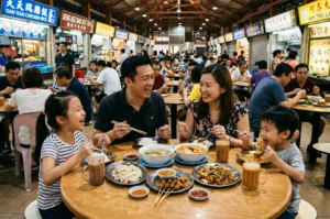 A family laughing and eating Hainanese chicken rice, laksa, and satay at Maxwell Food Centre.