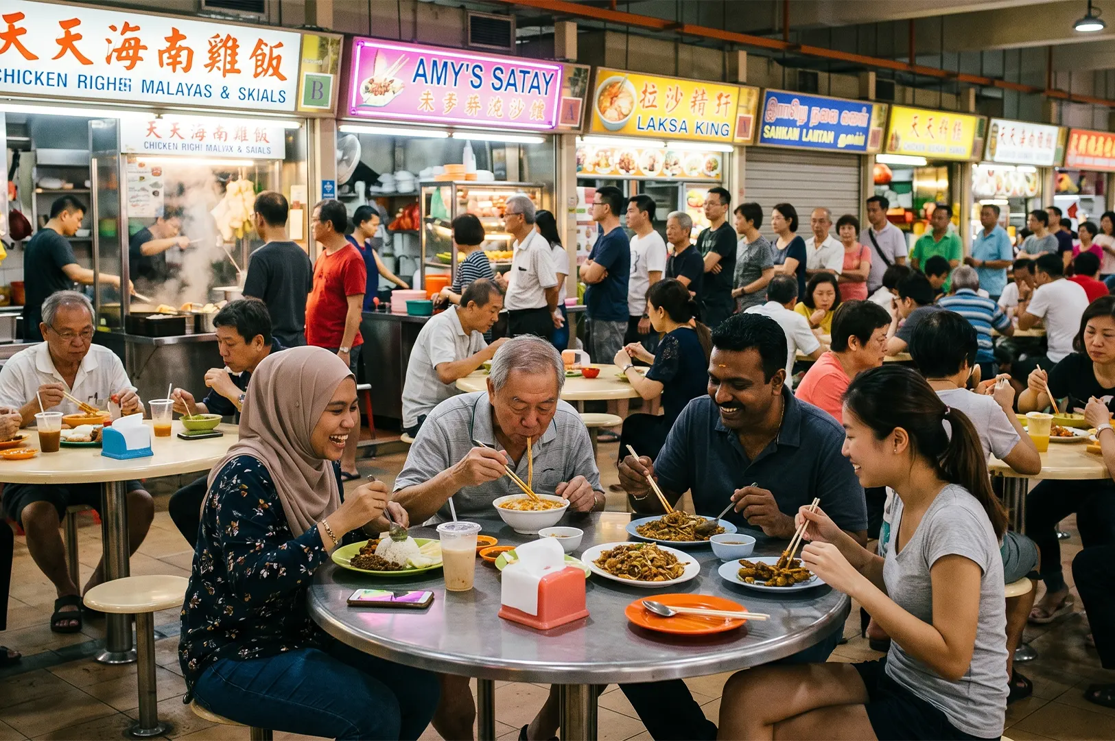 A diverse group of friends eating char kway teow, laksa, and nasi lemak at a busy hawker center.