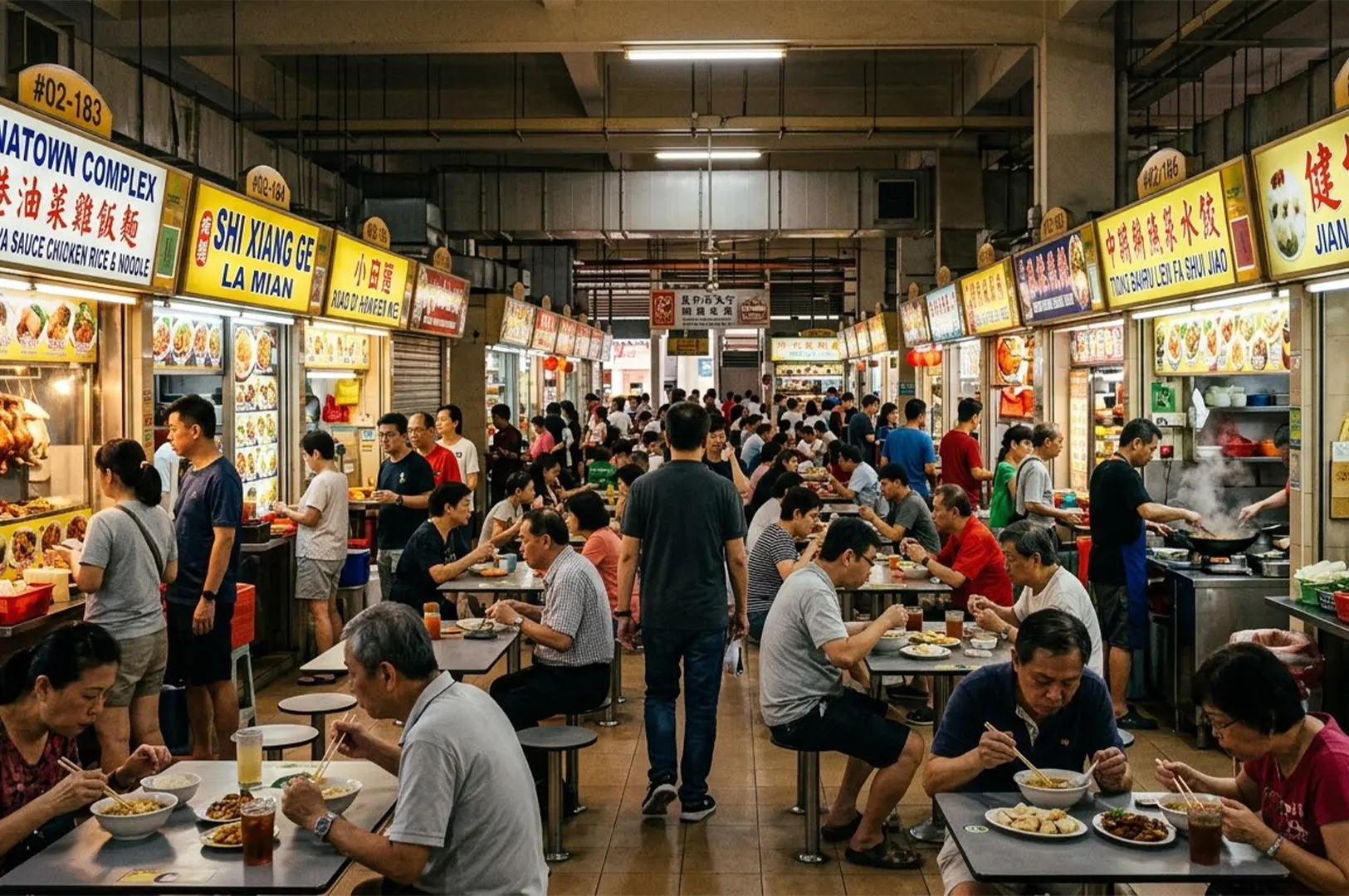 Crowded Chinatown Complex Food Centre in Singapore with people dining at tables lined by busy hawker stalls.