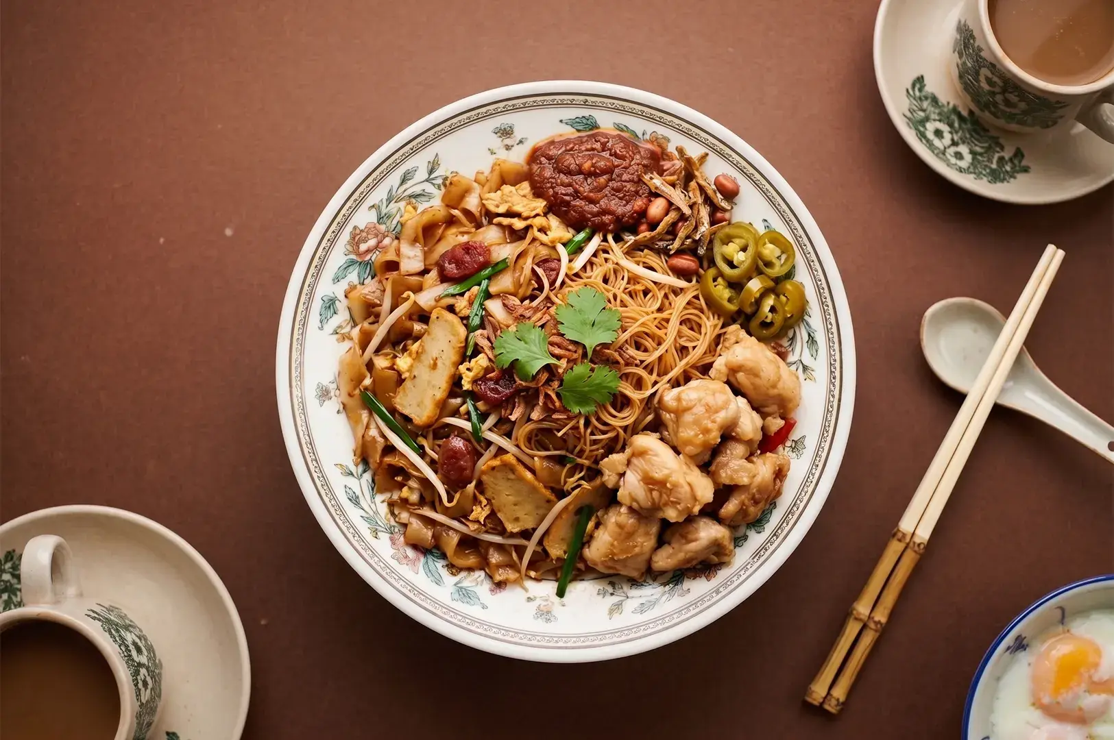 A plate of economic fried bee hoon noodles served with curry chicken, sambal chili, fried ikan bilis, peanuts, and pickled green chilies, next to traditional Nanyang coffee and soft-boiled eggs.