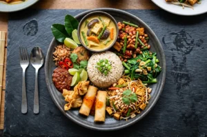 Vegetarian Indonesian Nasi Campur platter with brown rice, tofu curry, stir-fried noodles, and spring rolls.