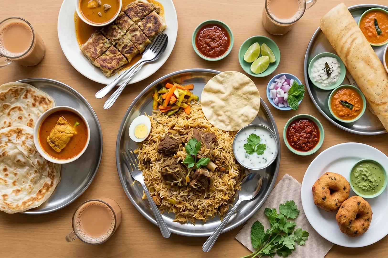 Assorted Indian-Muslim cuisine including mutton biryani thali, murtabak, roti prata, masala dosa, and vadai with Teh Tarik.