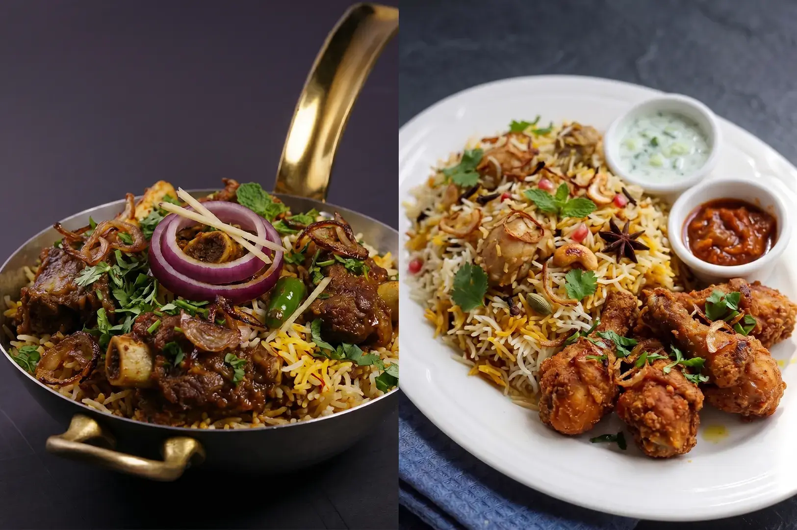 Mutton biryani served in a metal pan next to a plate of chicken biryani with fried chicken, raita, and chutney.