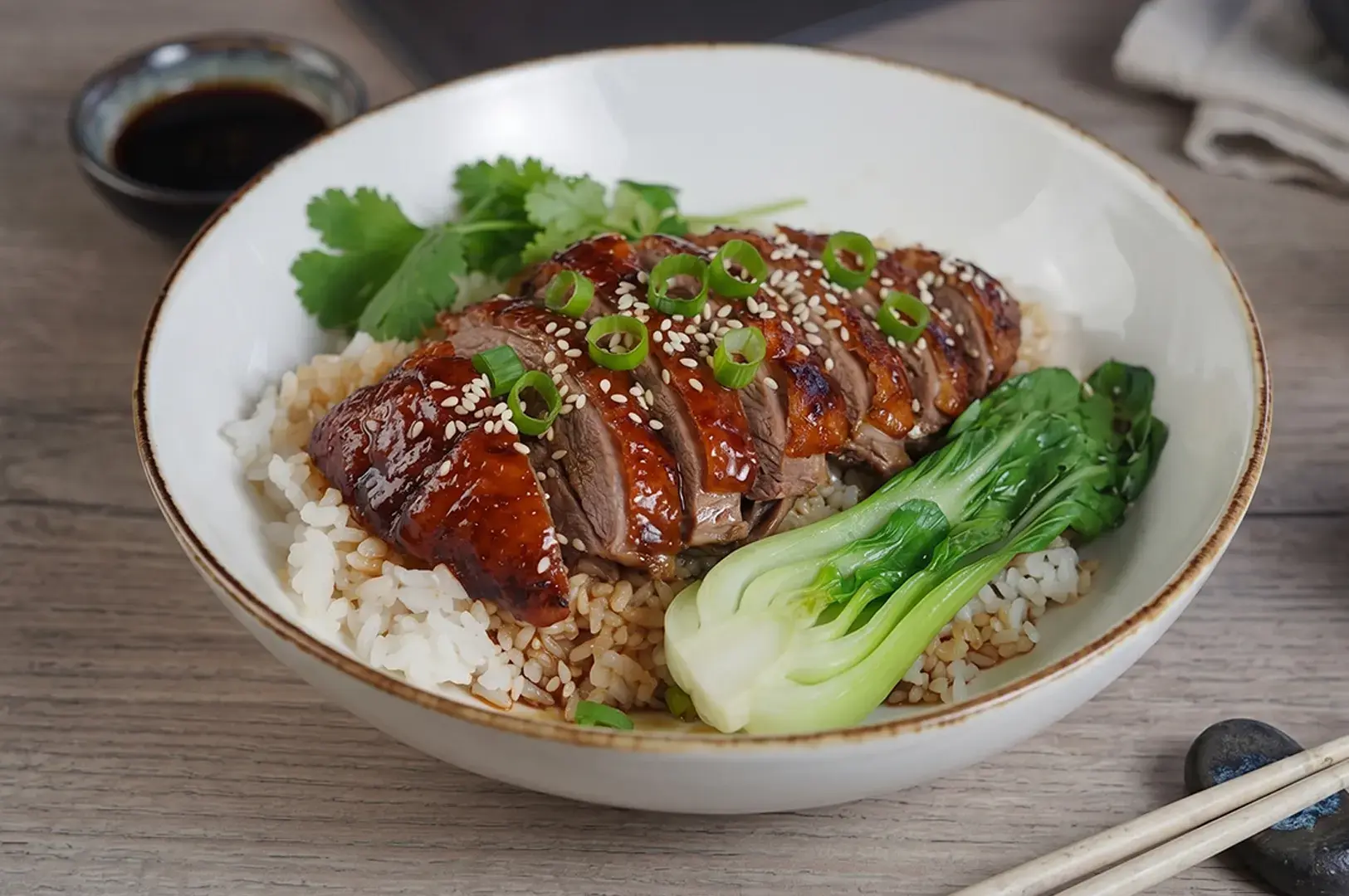Sliced roasted duck over white rice with bok choy and sesame seeds.