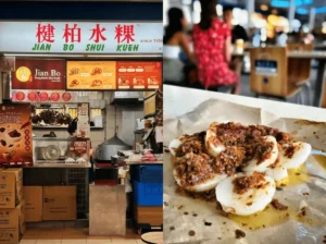 A split-screen image featuring the storefront of a "Jian Bo Shui Kueh" food stall on the left, and a close-up of several steamed rice cakes topped with a dark, savory radish relish on brown greaseproof paper on the right.