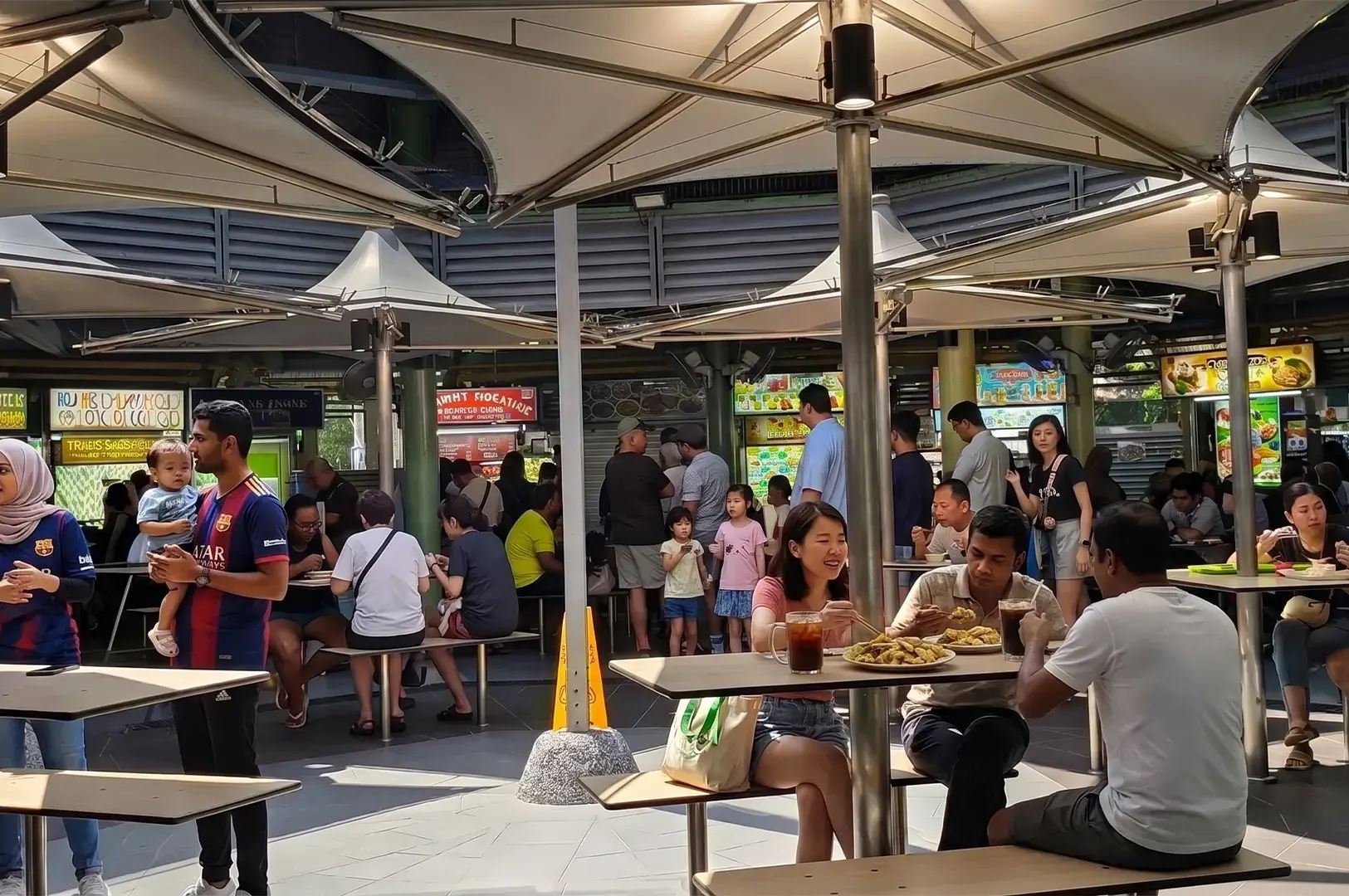 Crowded open-air Singapore hawker center with people dining at tables and queuing at food stalls under large umbrellas.