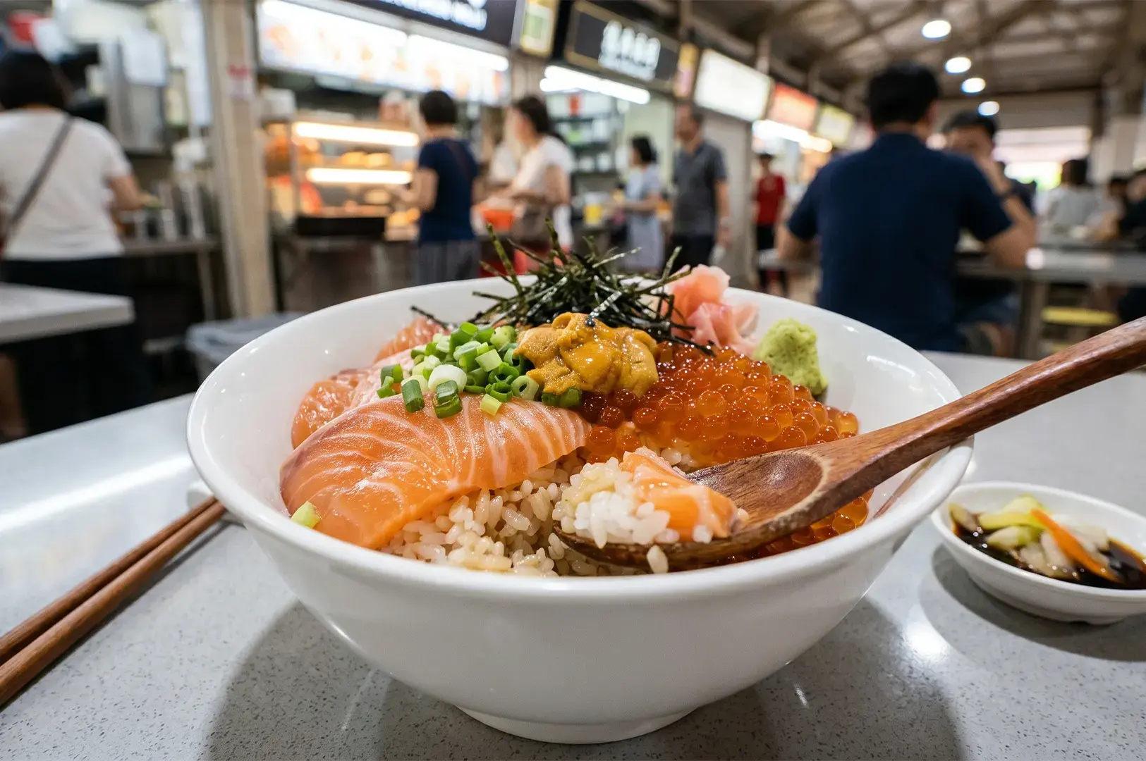 A close-up of a fresh Japanese kaisendon bowl featuring salmon sashimi, salmon roe, and sea urchin over vinegared rice, served in a food court setting.