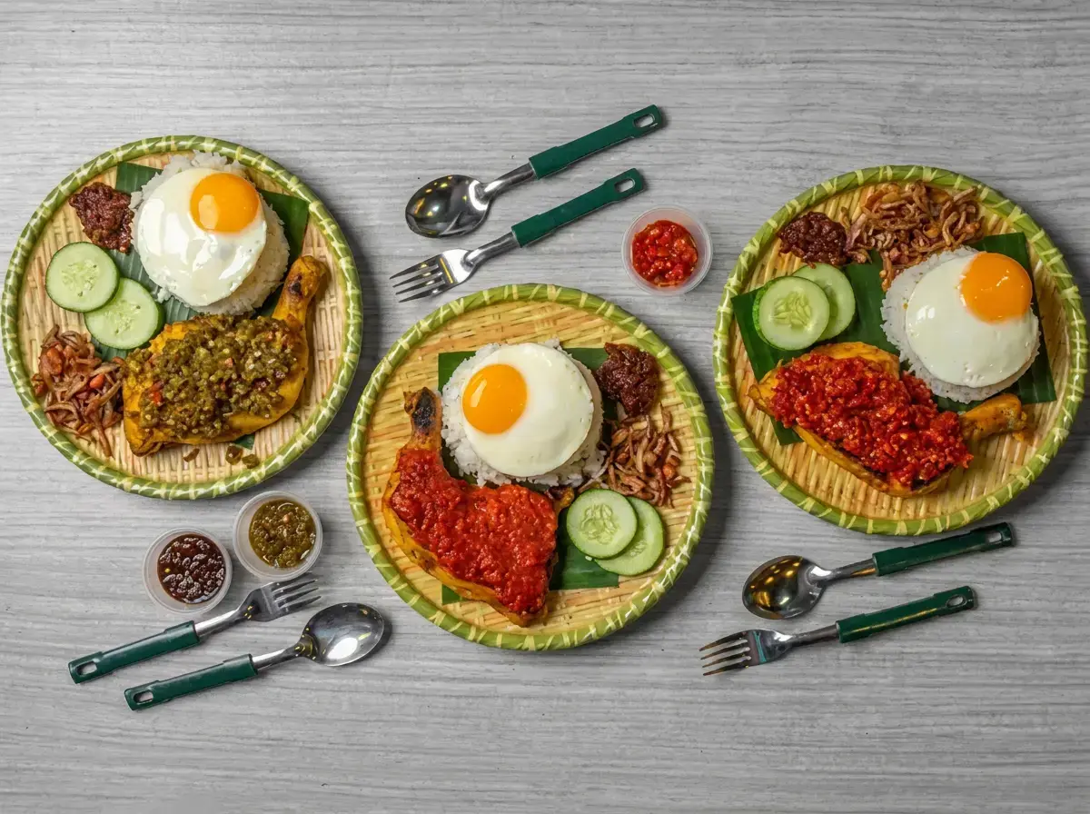 An overhead flat lay of three plates of nasi lemak, each featuring coconut rice topped with a fried egg, a chicken leg coated in vibrant red or green chili sambal, cucumber slices, and anchovies.