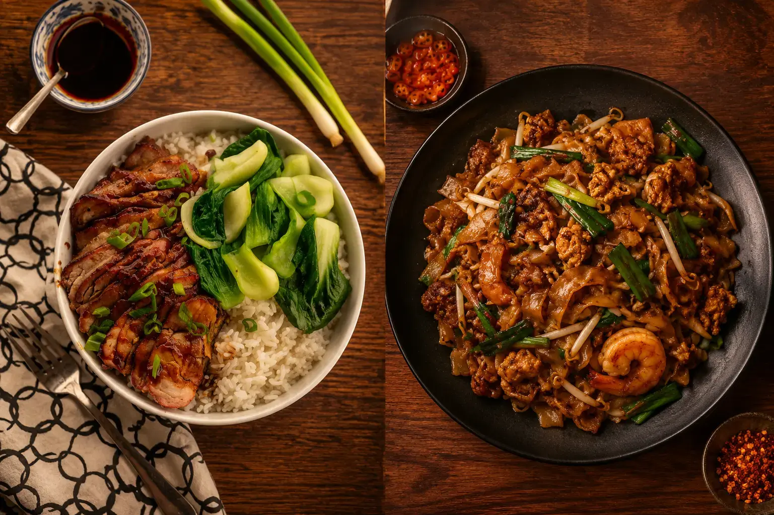 A split-screen image displaying a white bowl of sliced char siu pork, white rice, and bok choy on the left, and a dark plate of stir-fried char kway teow noodles with shrimp and scallions on the right.