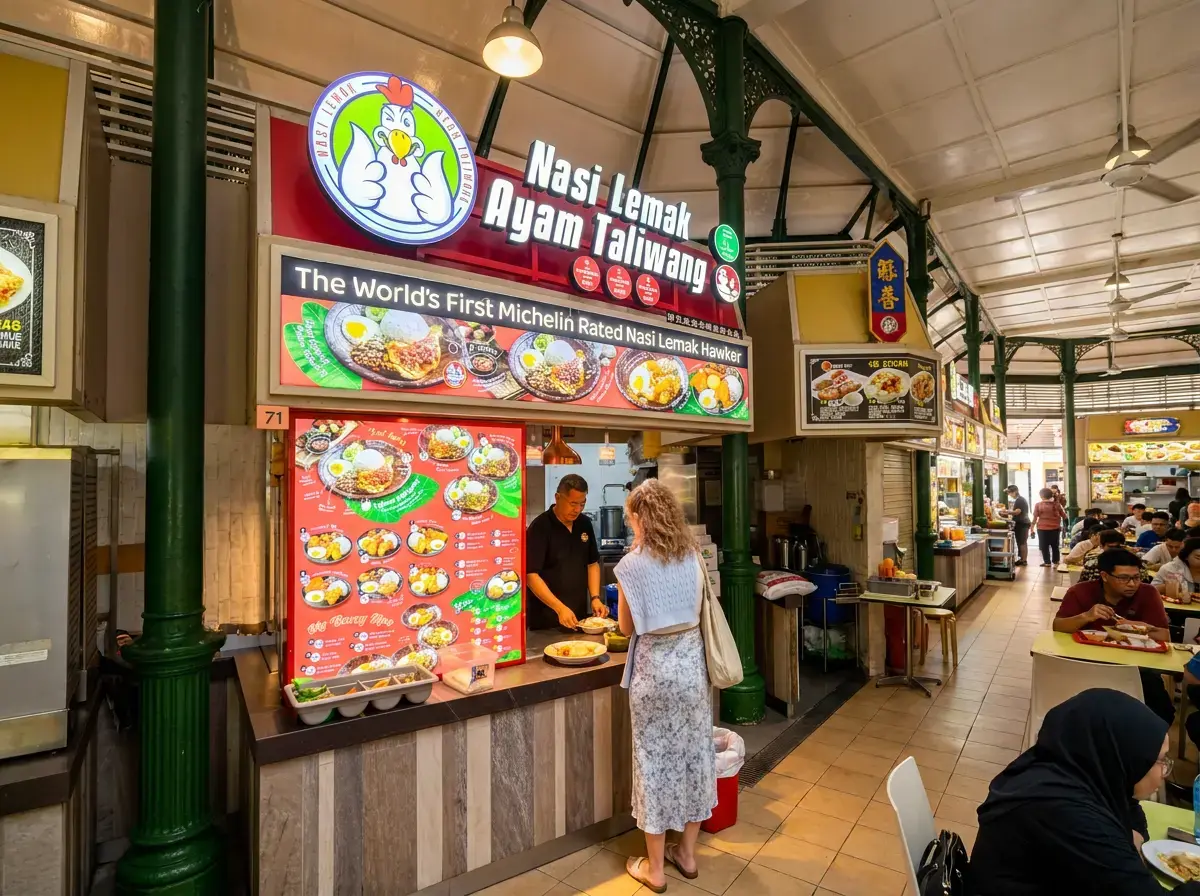 A customer ordering food at the "Nasi Lemak Ayam Taliwang" stall inside Lau Pa Sat hawker center, beneath a sign highlighting its Michelin rating.