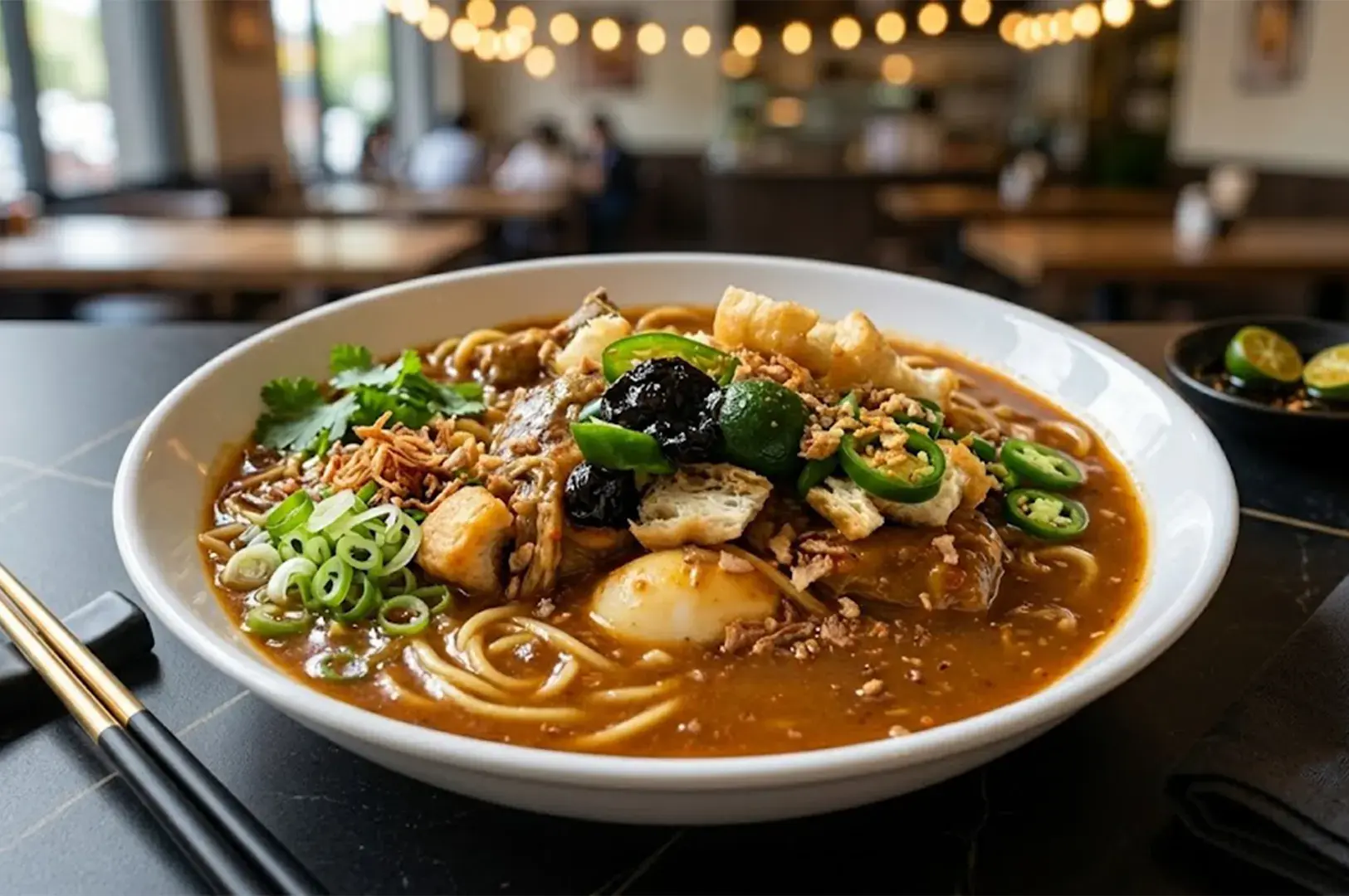 A bowl of traditional Mee Rebus with thick gravy, noodles, a hard-boiled egg, green chilies, and fresh herbs on a restaurant table.