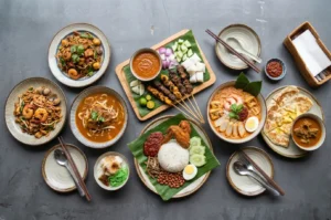 Flat lay of Malaysian food feast including nasi lemak, laksa, chicken satay, and roti canai.