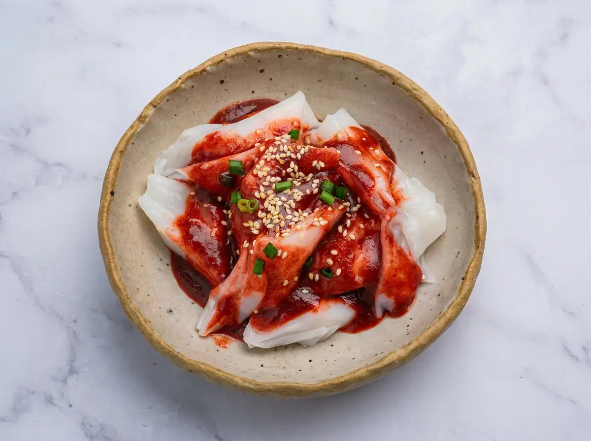 An overhead view of steamed rice noodle rolls (chee cheong fun) coated in a savory red sauce, garnished with sesame seeds and chopped green onions in a ceramic bowl.