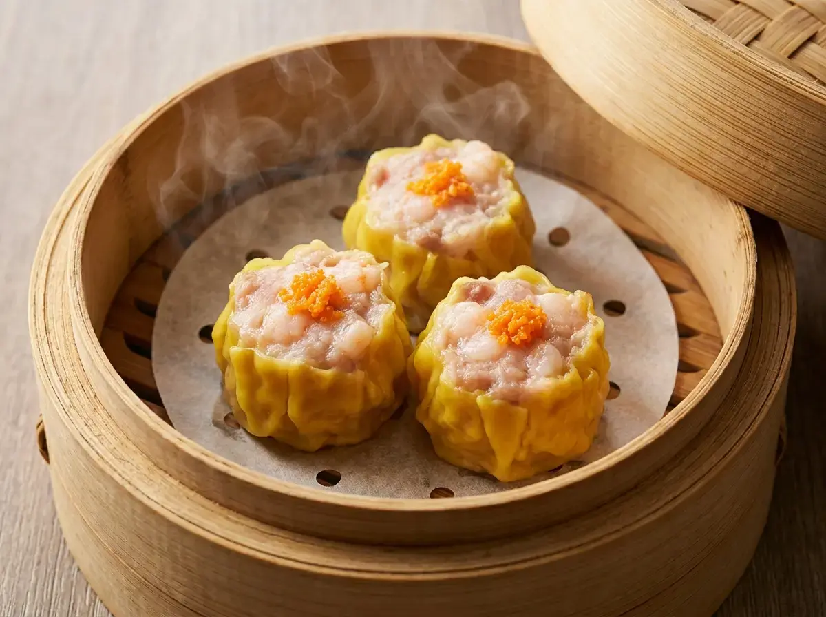 Three steaming pork shumai dumplings topped with orange roe inside a round bamboo steamer basket.