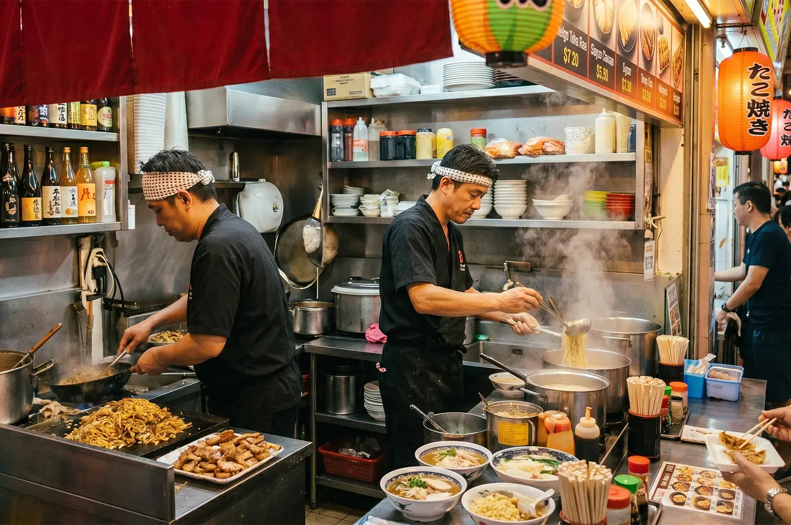 Two chefs preparing Japanese street food in a busy, steam-filled kitchen stall with traditional lanterns and prepared bowls of ramen ready for service.