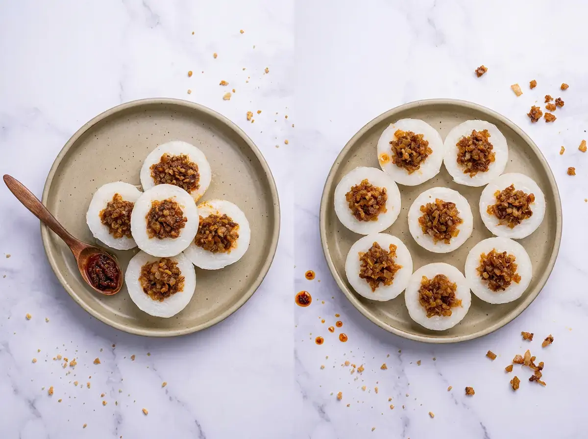 A side-by-side overhead view of two plates of steamed rice cakes (chwee kueh) topped with diced preserved radish, set on a white marble background.