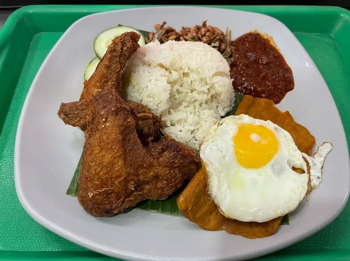 A plate of nasi lemak featuring a crispy fried chicken wing, coconut rice, a sunny-side-up egg over otah, sambal, peanuts, anchovies, and cucumber slices on a green tray.